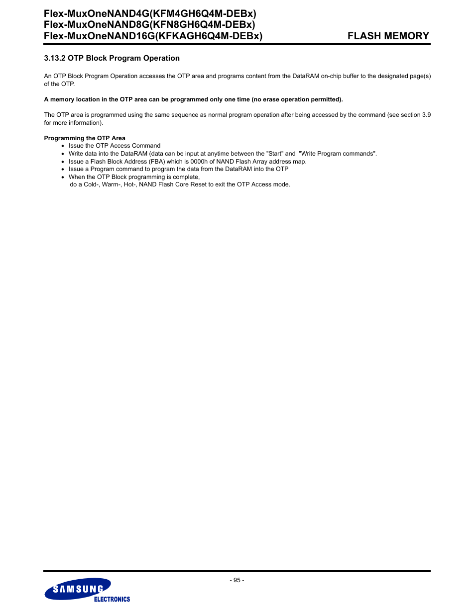 2 otp block program operation, Flex-muxonenand4g(kfm4gh6q4m-debx) | Samsung FLEX-MUXONENAND KFN8GH6Q4M User Manual | Page 95 / 142