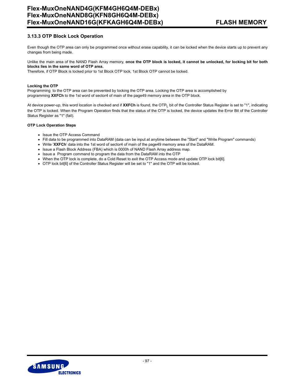 3 otp block lock operation, Flex-muxonenand4g(kfm4gh6q4m-debx) | Samsung FLEX-MUXONENAND KFN8GH6Q4M User Manual | Page 97 / 142