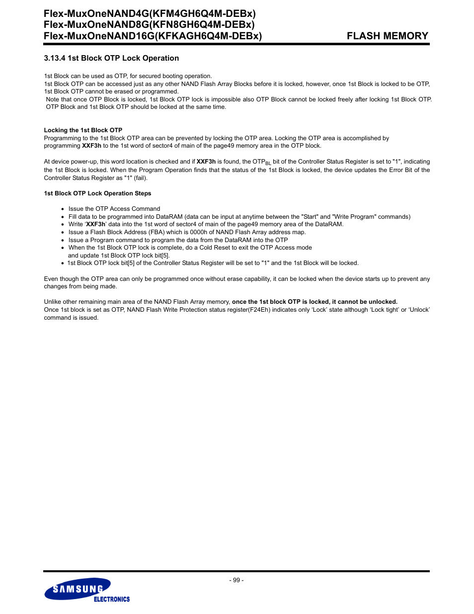 4 1st block otp lock operation, Flex-muxonenand4g(kfm4gh6q4m-debx) | Samsung FLEX-MUXONENAND KFN8GH6Q4M User Manual | Page 99 / 142