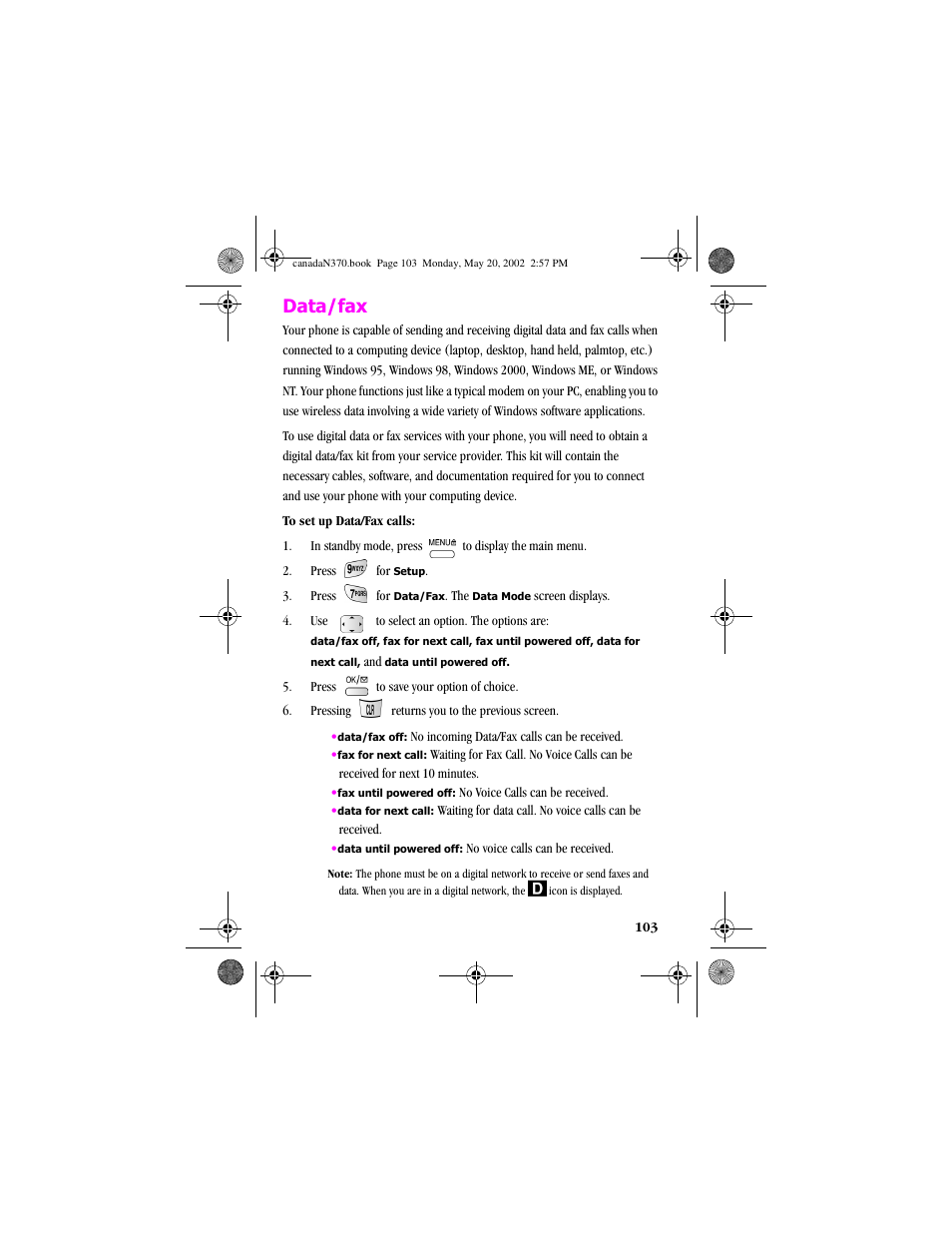 Data/fax | Samsung 20040414141622906 User Manual | Page 103 / 152