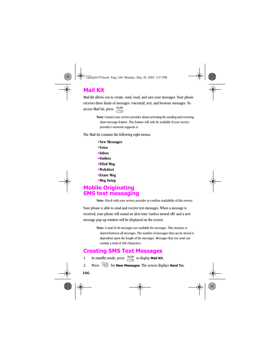 Mail kit, Mobile originating sms text messaging, Creating sms text messages | Samsung 20040414141622906 User Manual | Page 106 / 152