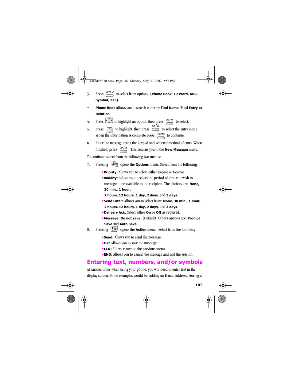 Entering text, numbers, and/or symbols, Entering text, numbers, and/or symbols” on | Samsung 20040414141622906 User Manual | Page 107 / 152