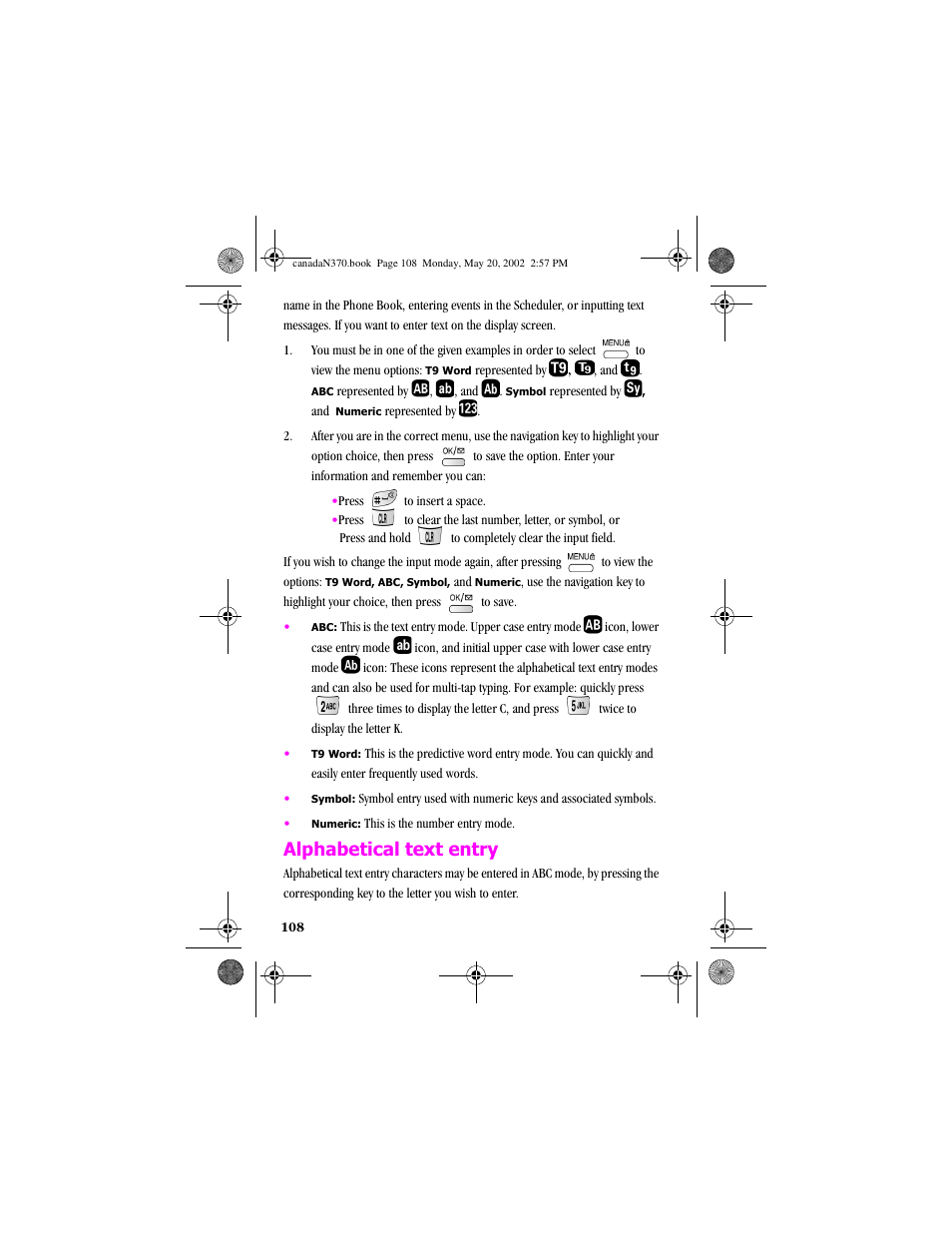 Alphabetical text entry | Samsung 20040414141622906 User Manual | Page 108 / 152