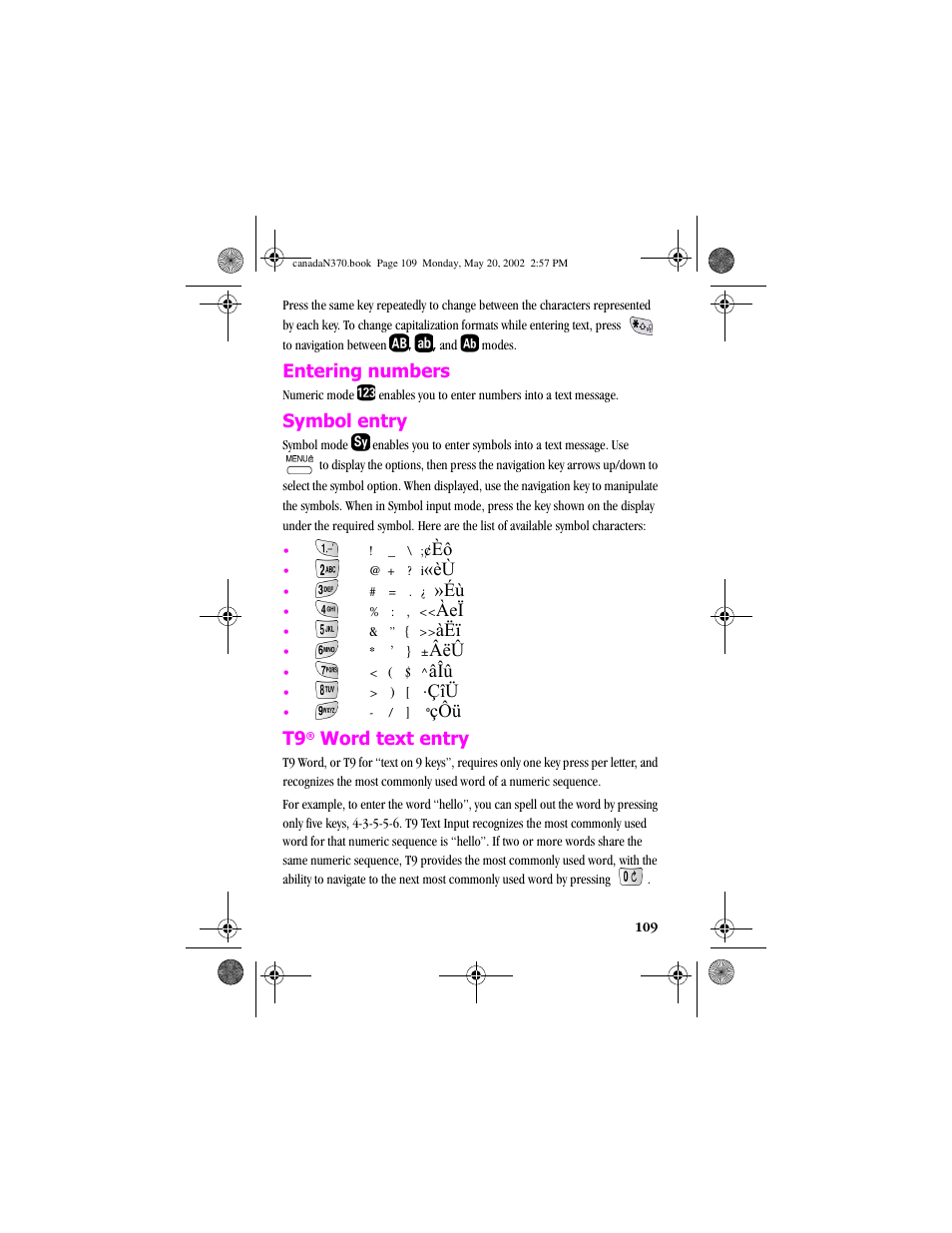 Entering numbers, Symbol entry, T9® word text entry | Entering numbers symbol entry t9, Çôü t9, Word text entry | Samsung 20040414141622906 User Manual | Page 109 / 152