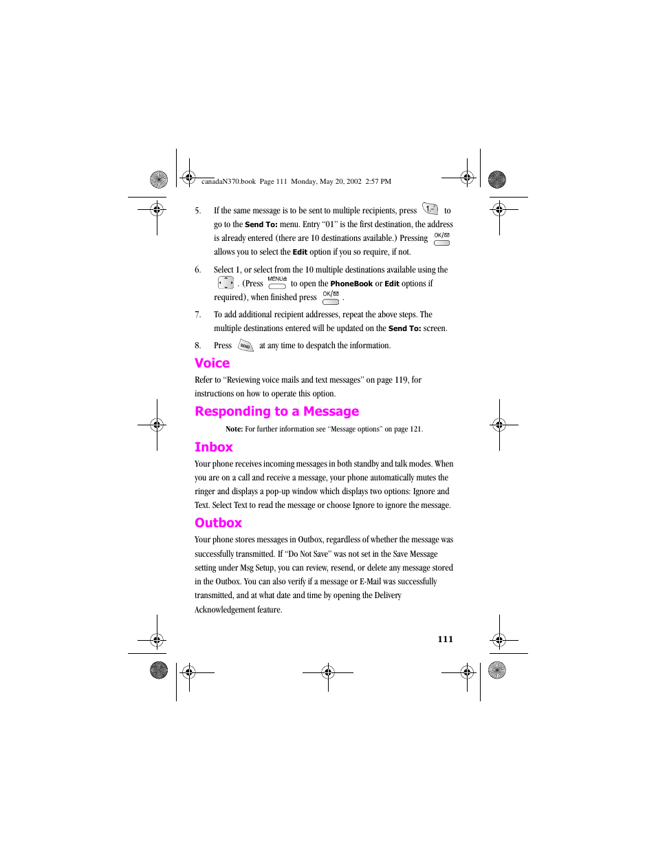 Voice, Responding to a message, Inbox | Outbox, Voice responding to a message inbox outbox | Samsung 20040414141622906 User Manual | Page 111 / 152