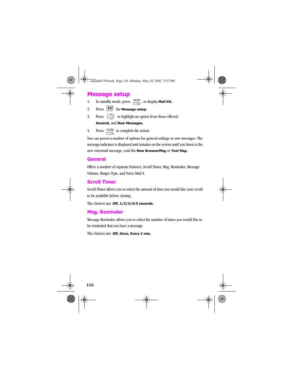 Message setup | Samsung 20040414141622906 User Manual | Page 116 / 152