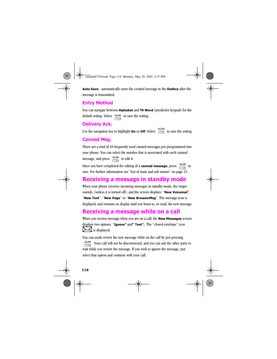 Receiving a message in standby mode, Receiving a message while on a call | Samsung 20040414141622906 User Manual | Page 118 / 152