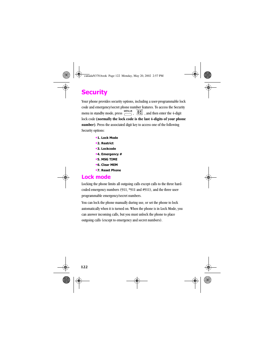 Security, Lock mode | Samsung 20040414141622906 User Manual | Page 122 / 152