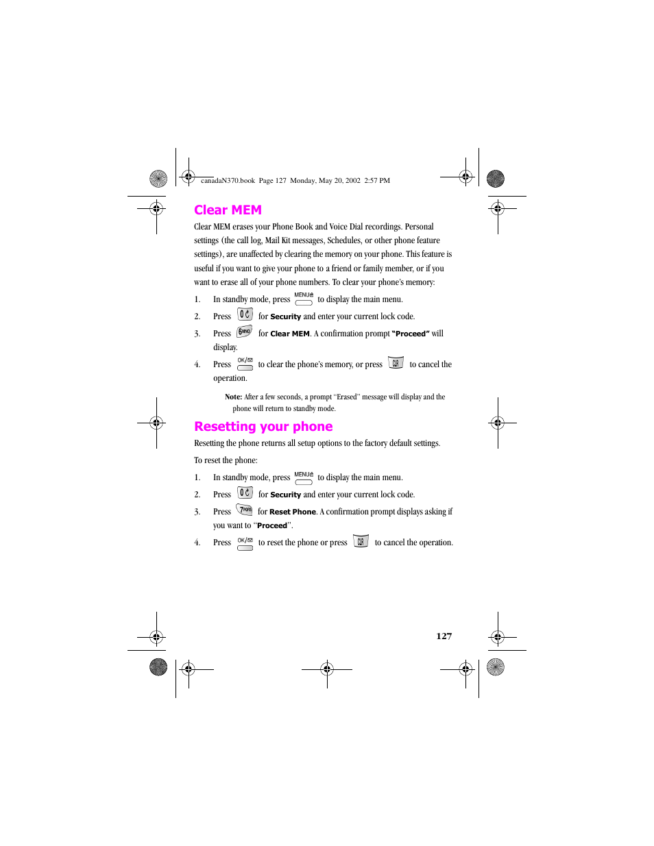 Clear mem, Resetting your phone, Clear mem resetting your phone | Samsung 20040414141622906 User Manual | Page 127 / 152