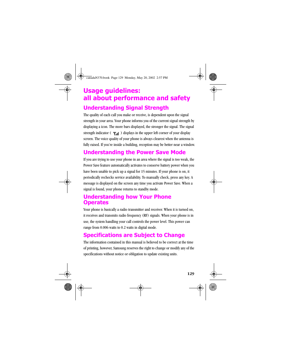 Usage guidelines: all about performance and safety, Understanding signal strength, Understanding the power save mode | Understanding how your phone operates, Specifications are subject to change | Samsung 20040414141622906 User Manual | Page 129 / 152