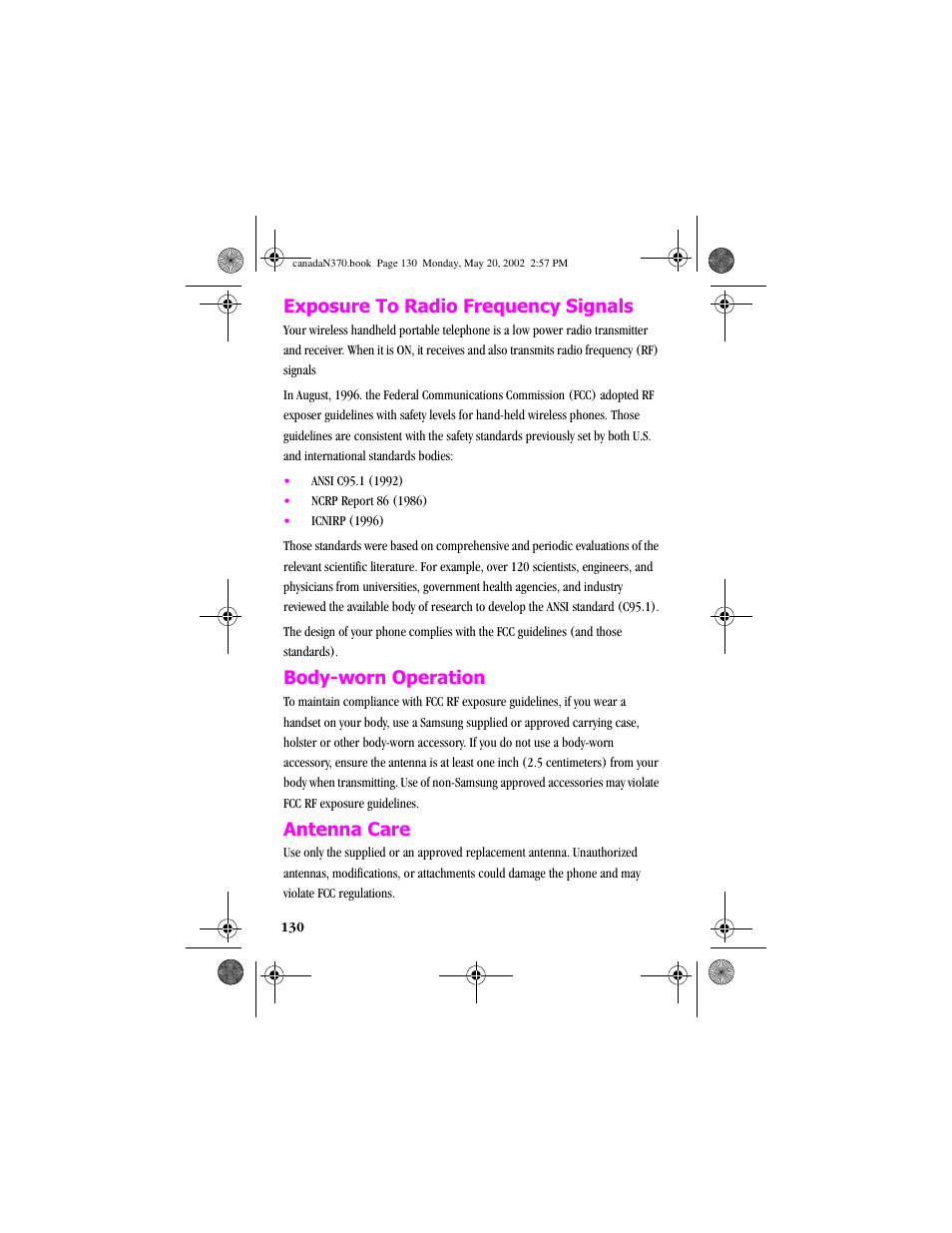 Exposure to radio frequency signals, Body-worn operation, Antenna care | Samsung 20040414141622906 User Manual | Page 130 / 152