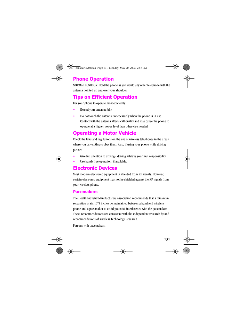 Phone operation, Tips on efficient operation, Operating a motor vehicle | Electronic devices | Samsung 20040414141622906 User Manual | Page 131 / 152
