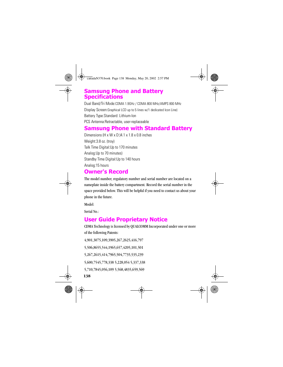 Samsung phone and battery specifications, Samsung phone with standard battery, Owner's record | User guide proprietary notice | Samsung 20040414141622906 User Manual | Page 138 / 152