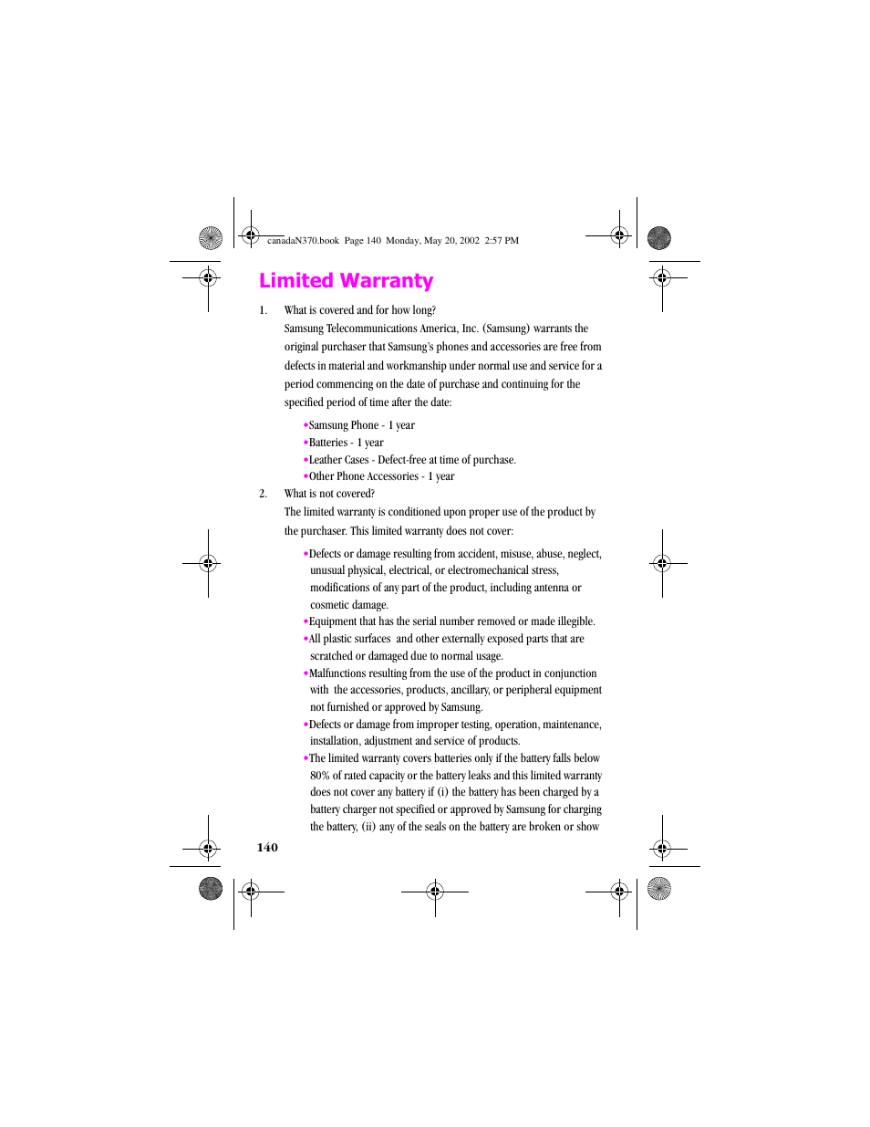 Limited warranty | Samsung 20040414141622906 User Manual | Page 140 / 152