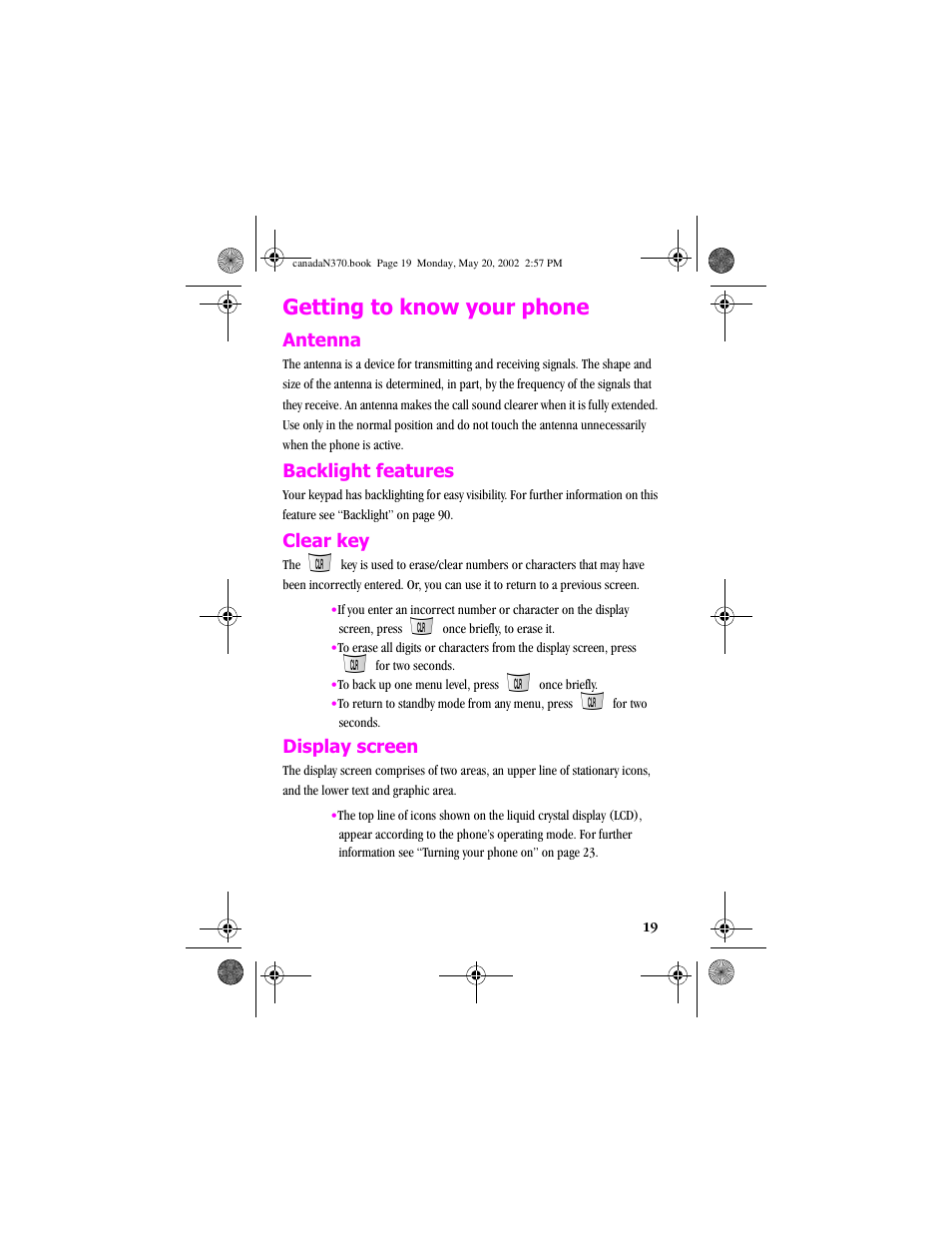 Getting to know your phone, Antenna, Backlight features | Clear key, Display screen | Samsung 20040414141622906 User Manual | Page 19 / 152