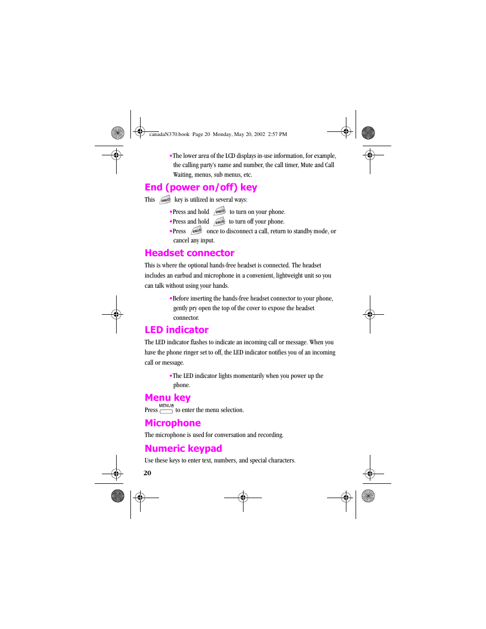 End (power on/off) key, Headset connector, Led indicator | Menu key, Microphone, Numeric keypad | Samsung 20040414141622906 User Manual | Page 20 / 152