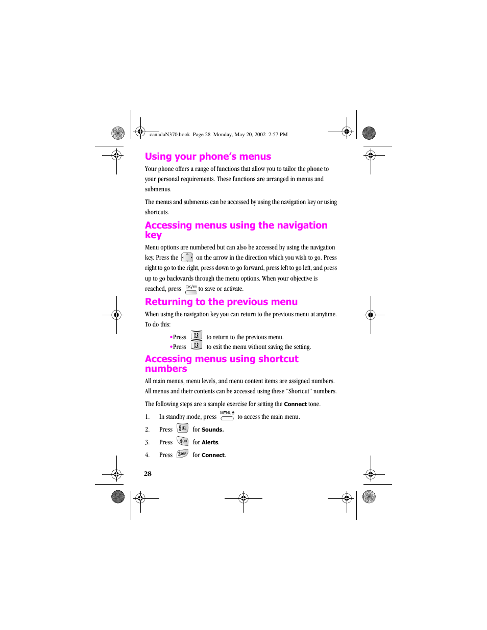 Using your phone’s menus, Accessing menus using the navigation key, Returning to the previous menu | Accessing menus using shortcut numbers | Samsung 20040414141622906 User Manual | Page 28 / 152