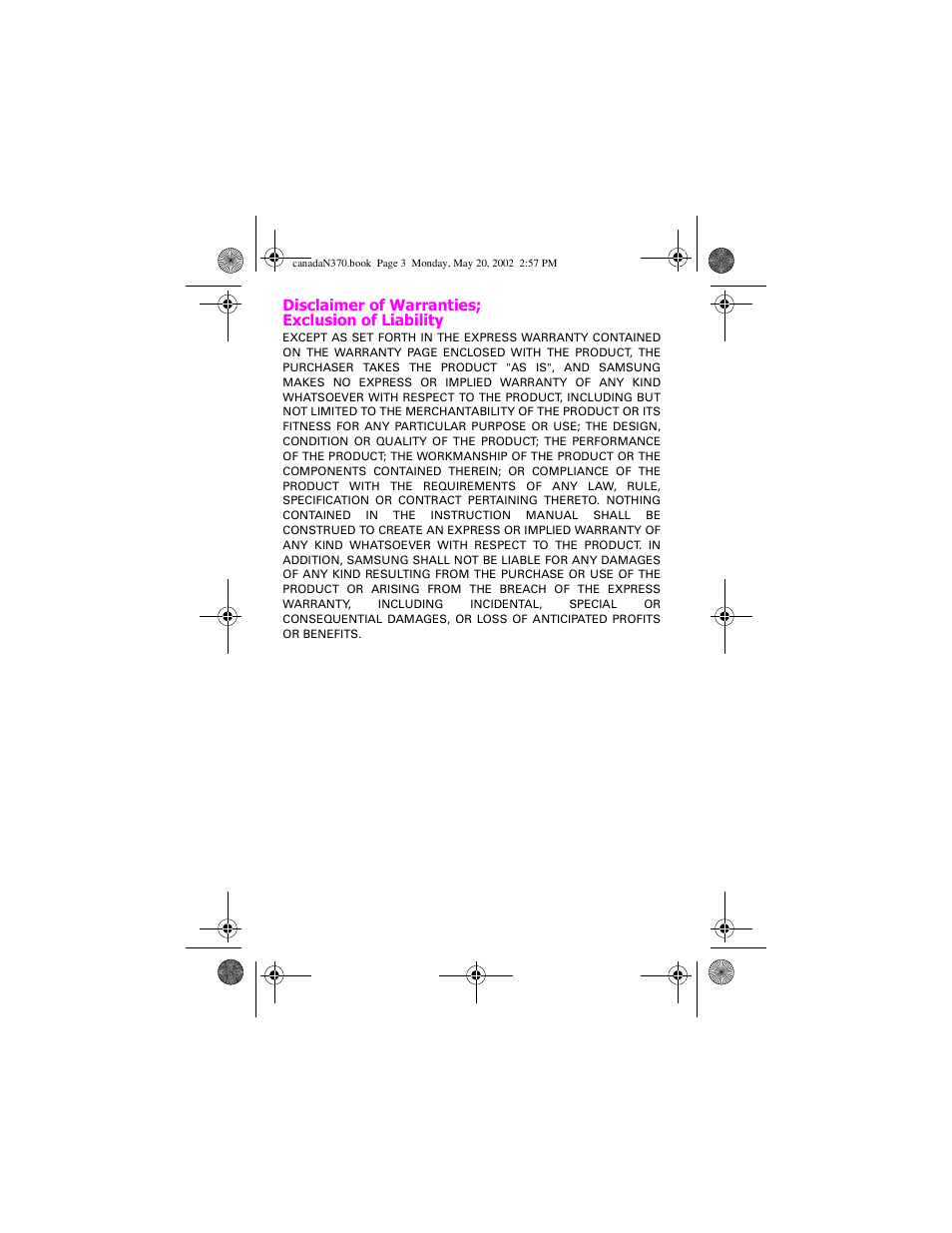 Disclaimer of warranties; exclusion of liability | Samsung 20040414141622906 User Manual | Page 3 / 152