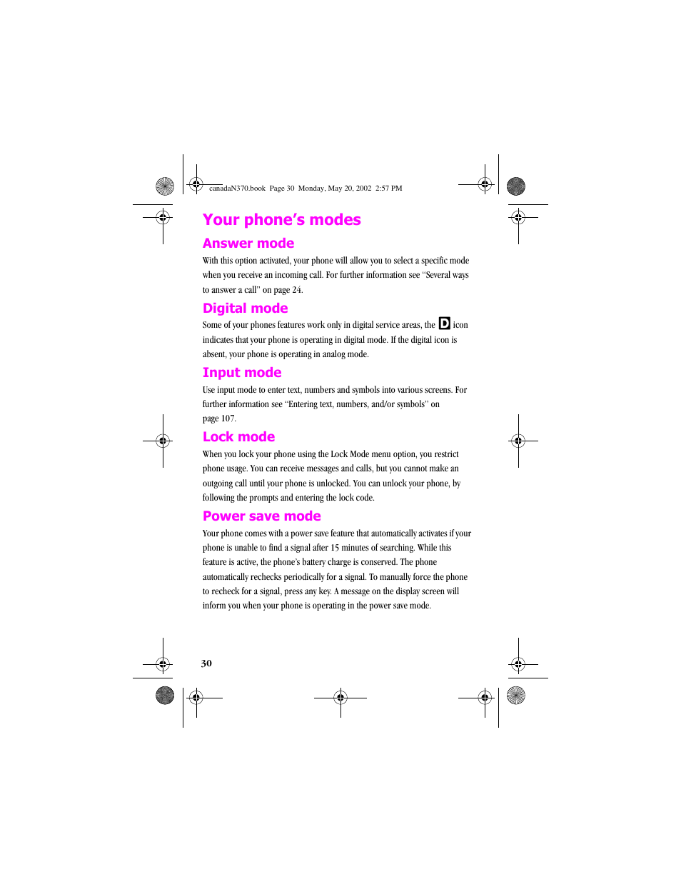 Your phone’smodes, Answer mode, Digital mode | Input mode, Lockmode, Powersavemode, Your phone’s modes | Samsung 20040414141622906 User Manual | Page 30 / 152