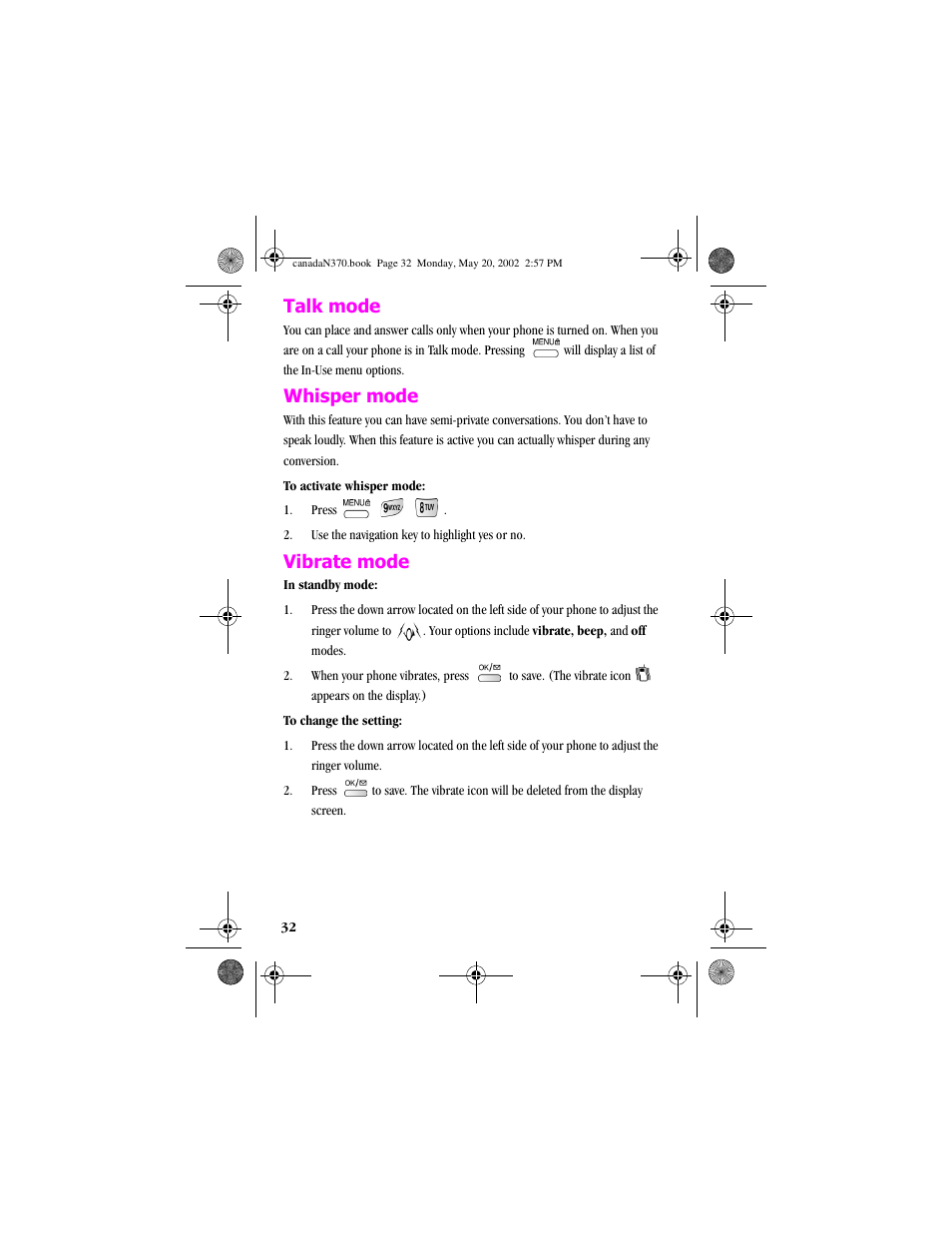 Talkmode, Whisper mode, Vibrate mode | Talk mode whisper mode vibrate mode, Talk mode | Samsung 20040414141622906 User Manual | Page 32 / 152