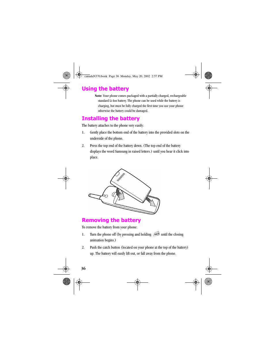 Usingthebattery, Installingthebattery, Removingthebattery | Using the battery, Installing the battery, Removing the battery | Samsung 20040414141622906 User Manual | Page 36 / 152