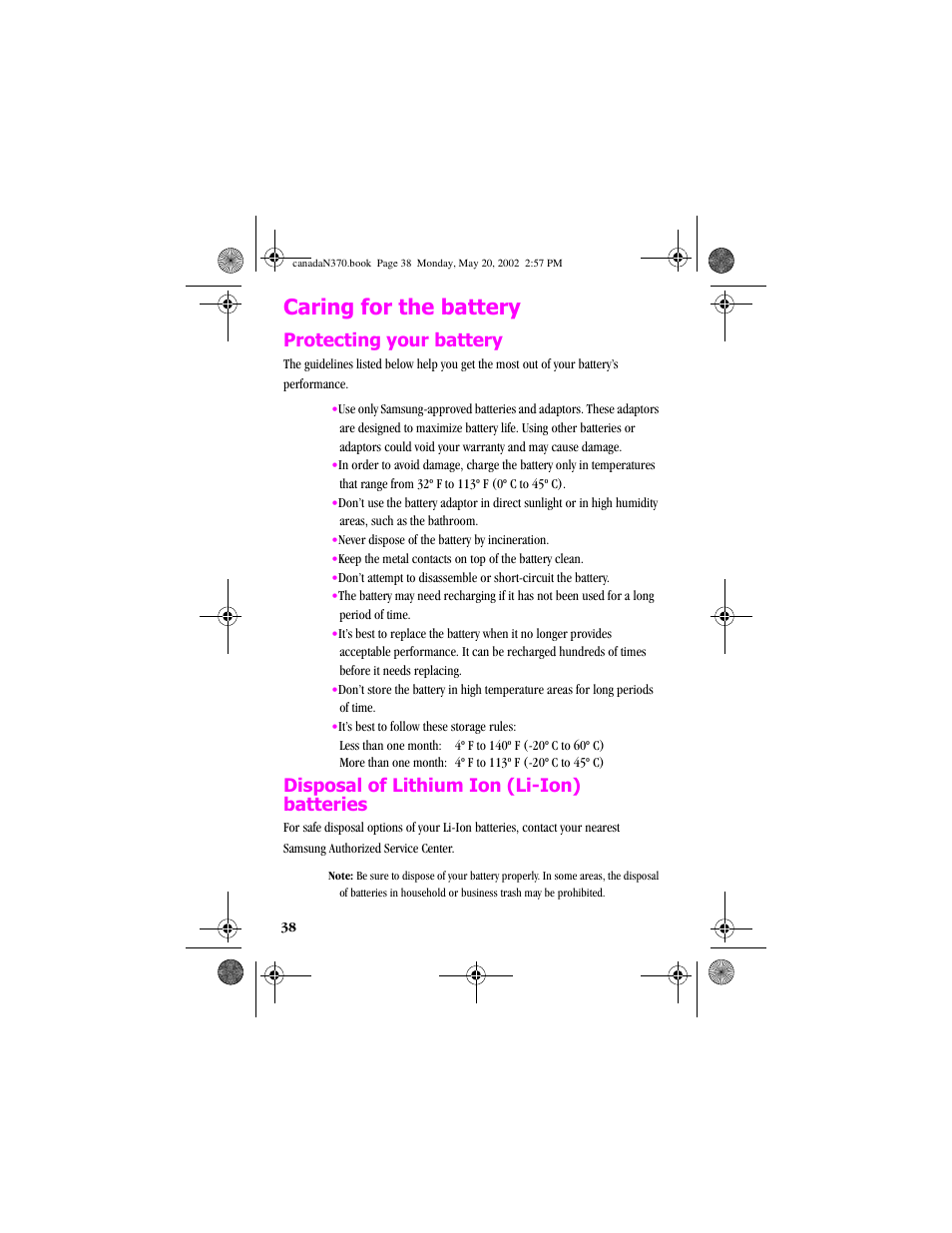 Caring for the battery, Protecting your battery, Disposal of lithium ion (li-ion) batteries | Samsung 20040414141622906 User Manual | Page 38 / 152