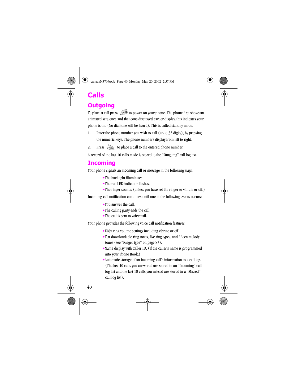 Calls, Outgoing, Incoming | Outgoing incoming | Samsung 20040414141622906 User Manual | Page 40 / 152