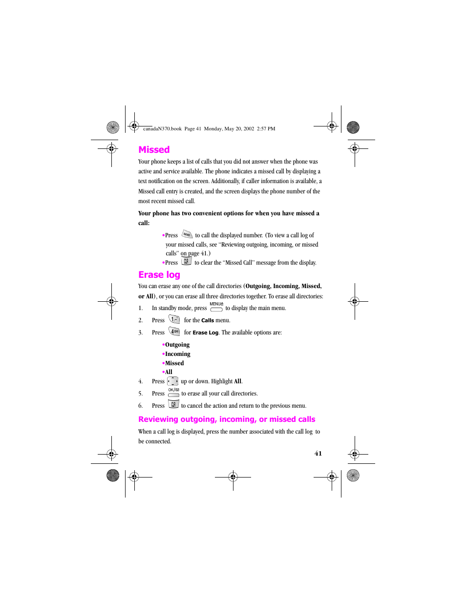 Missed, Erase log, Missed erase log | Samsung 20040414141622906 User Manual | Page 41 / 152