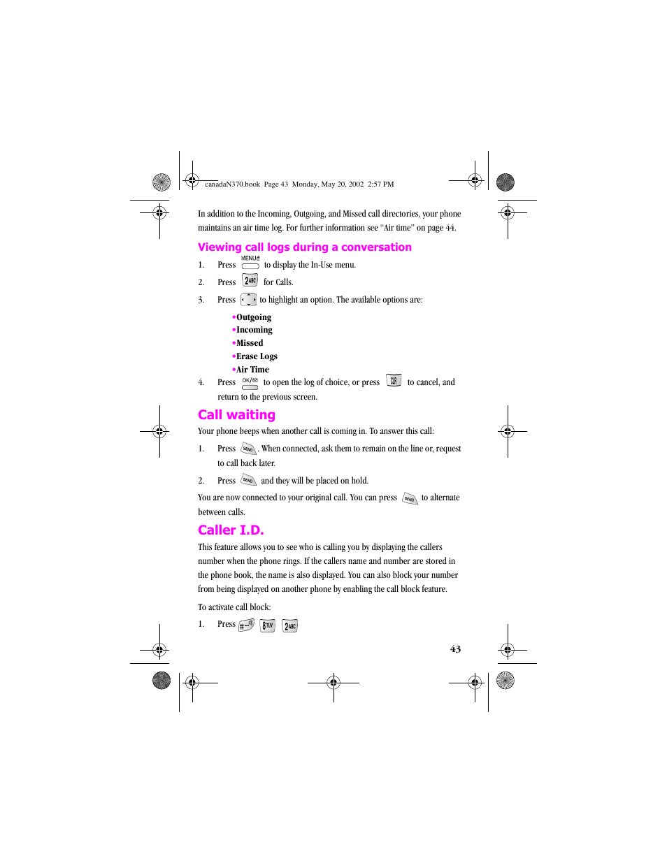 Call waiting, Caller i.d, Call waiting caller i.d | Samsung 20040414141622906 User Manual | Page 43 / 152
