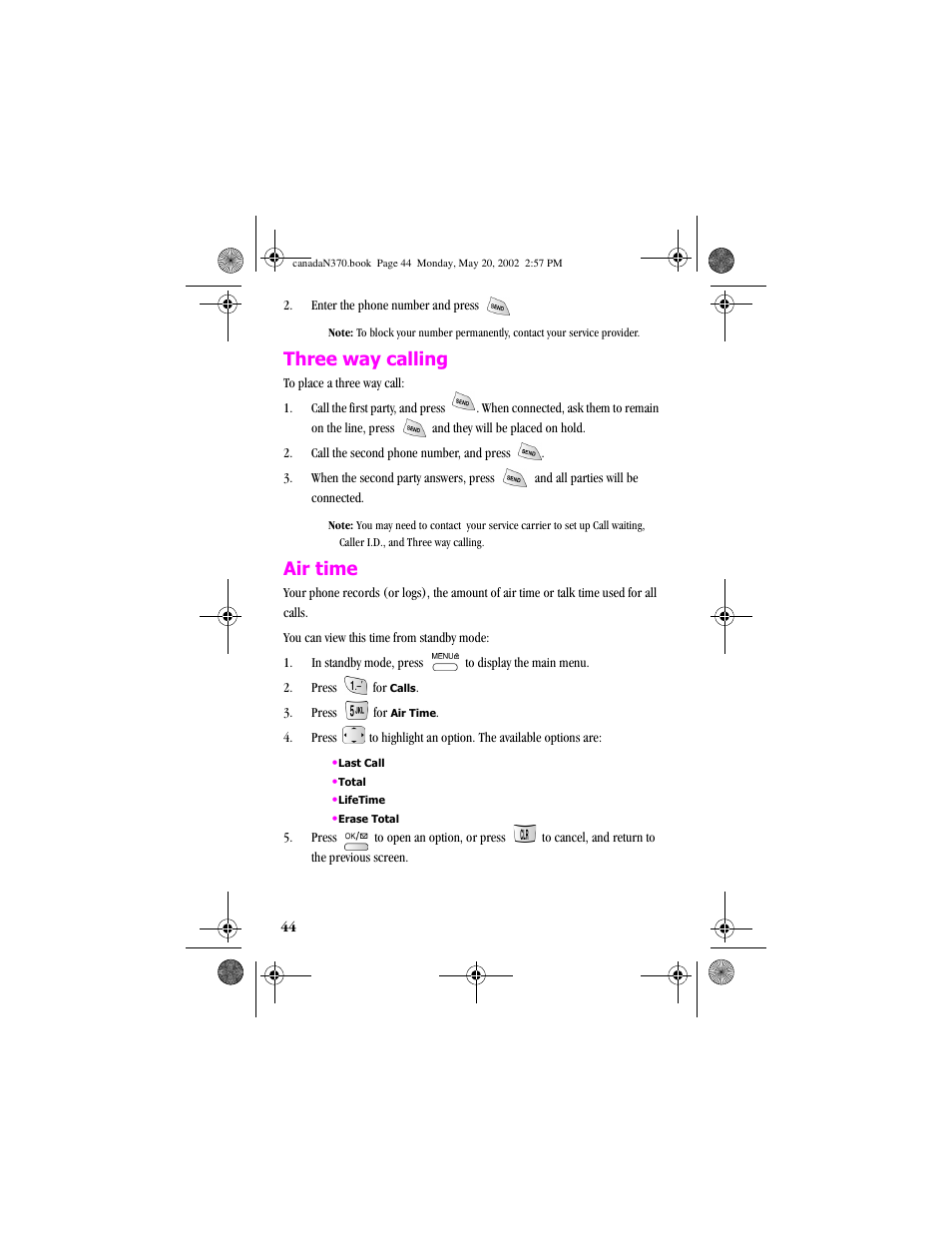 Three way calling, Air time, Three way calling air time | Samsung 20040414141622906 User Manual | Page 44 / 152
