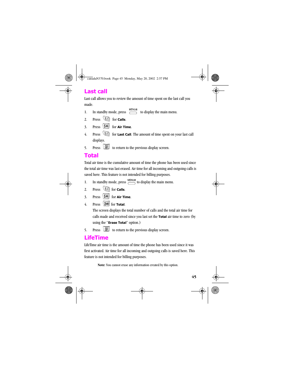 Last call, Total, Lifetime | Last call total lifetime | Samsung 20040414141622906 User Manual | Page 45 / 152