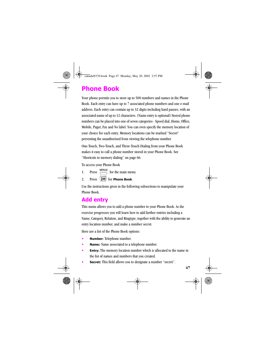 Phone book, Add entry | Samsung 20040414141622906 User Manual | Page 47 / 152