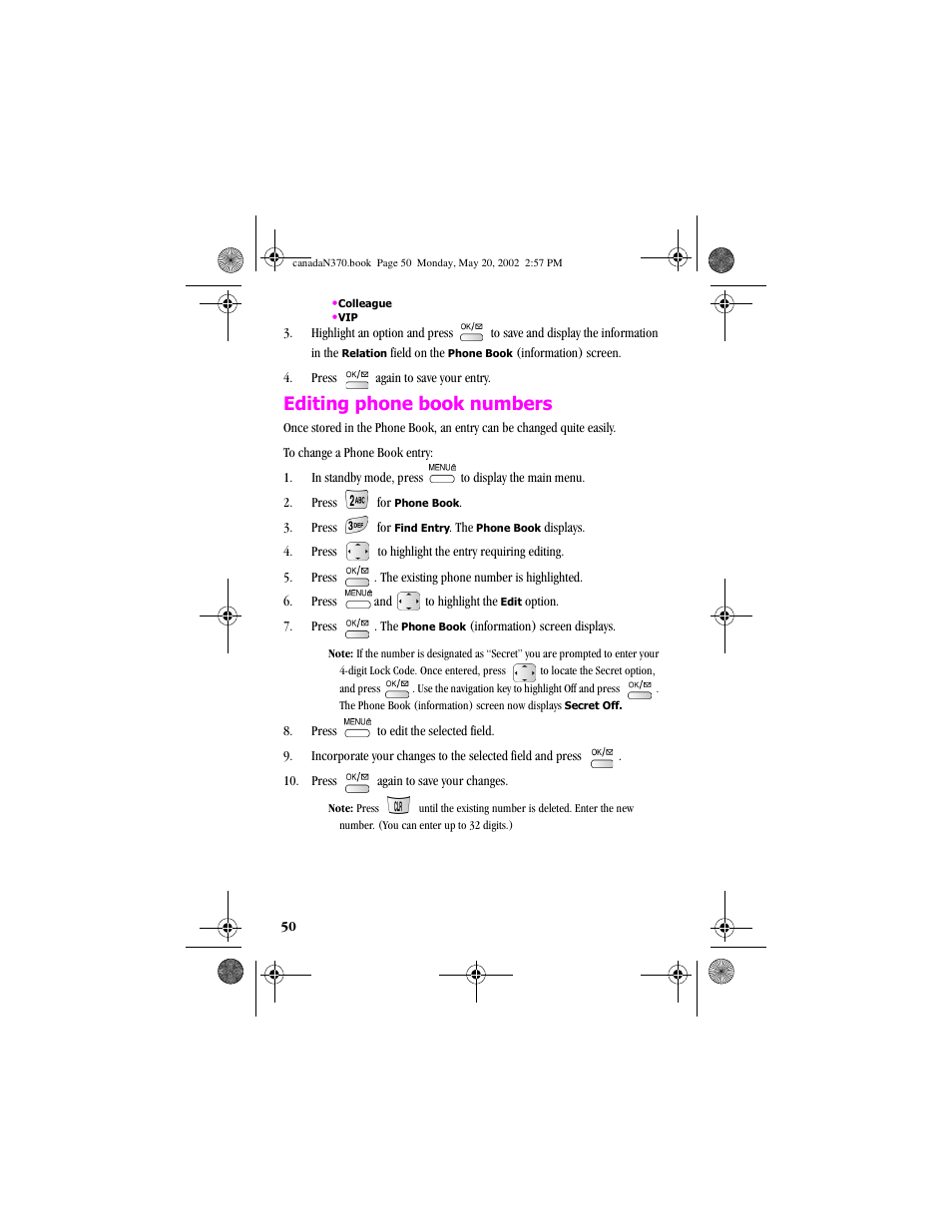Editing phone book numbers | Samsung 20040414141622906 User Manual | Page 50 / 152