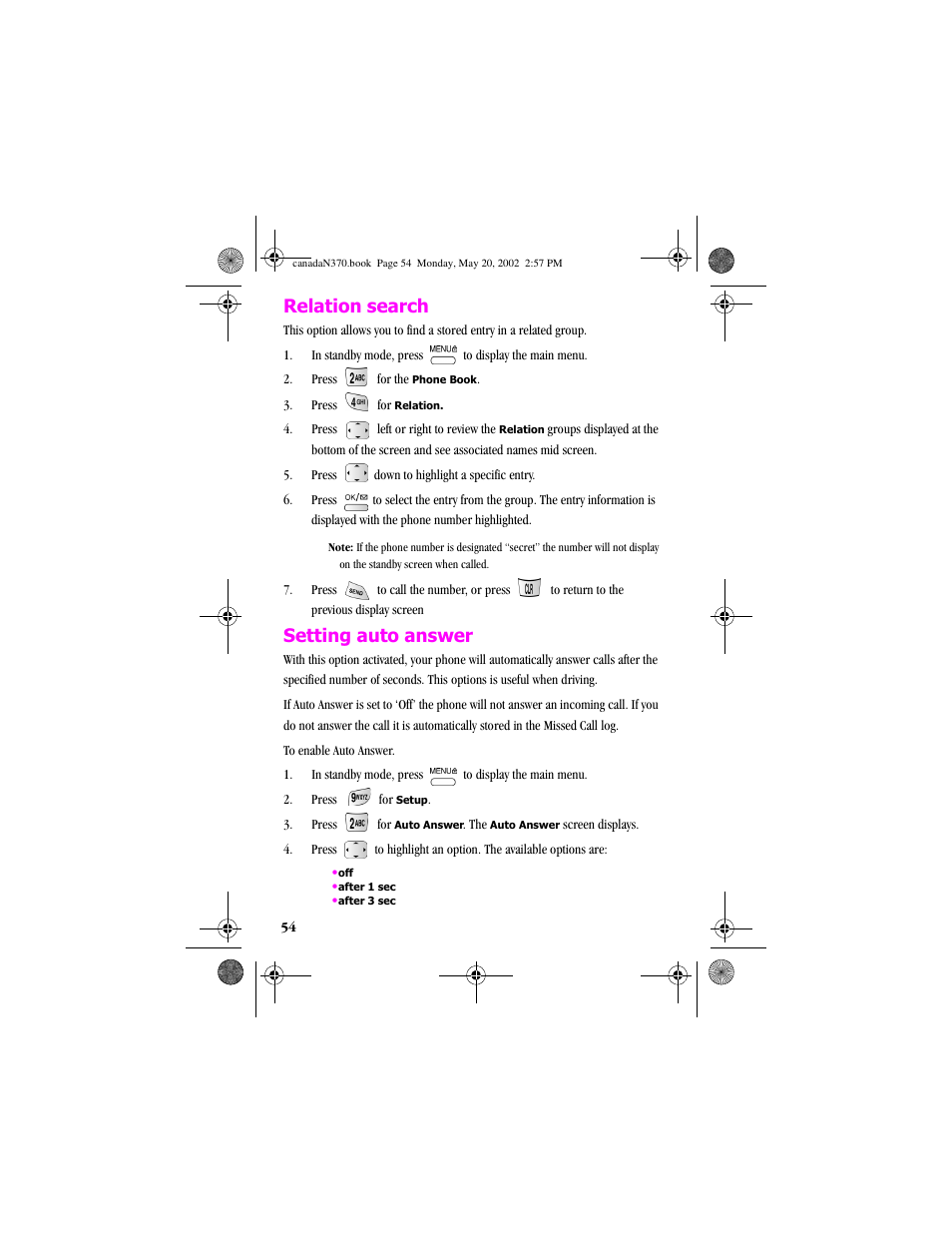 Relation search, Setting auto answer, Relation search setting auto answer | Samsung 20040414141622906 User Manual | Page 54 / 152