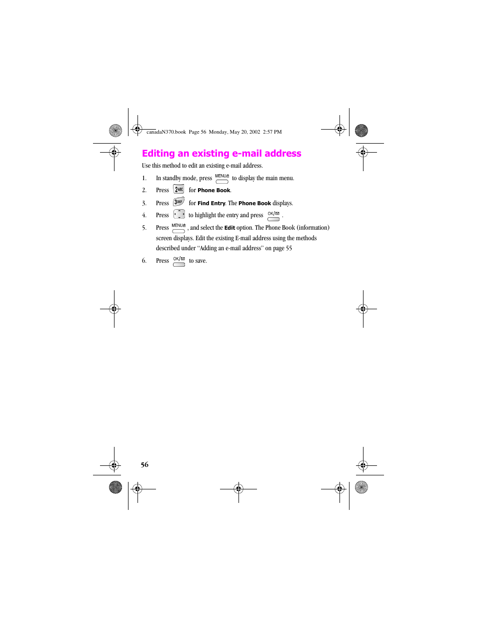 Editing an existing e-mail address | Samsung 20040414141622906 User Manual | Page 56 / 152