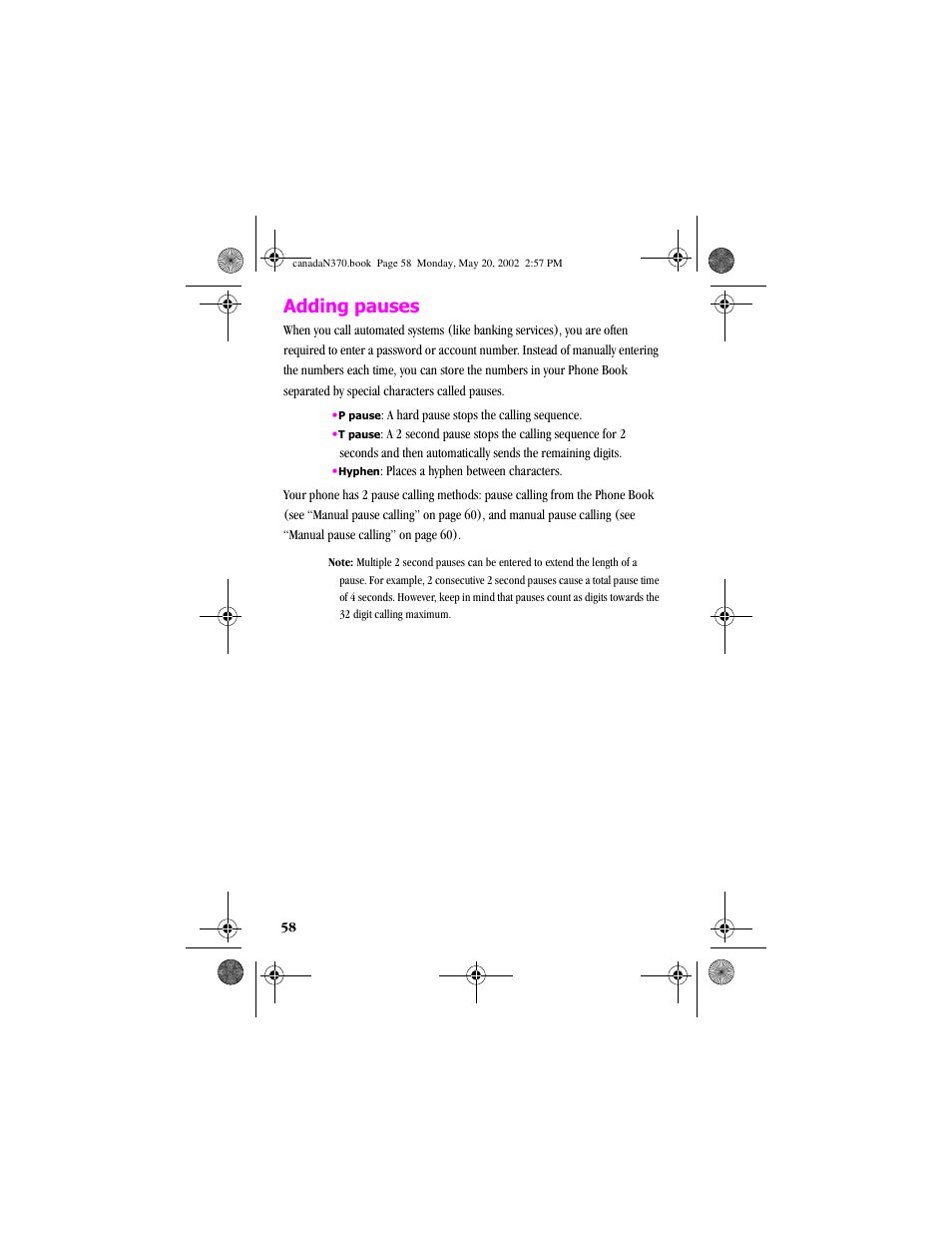 Adding pauses | Samsung 20040414141622906 User Manual | Page 58 / 152