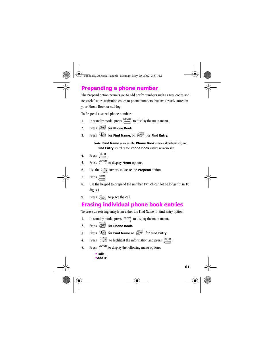 Prepending a phone number, Erasing individual phone book entries | Samsung 20040414141622906 User Manual | Page 61 / 152