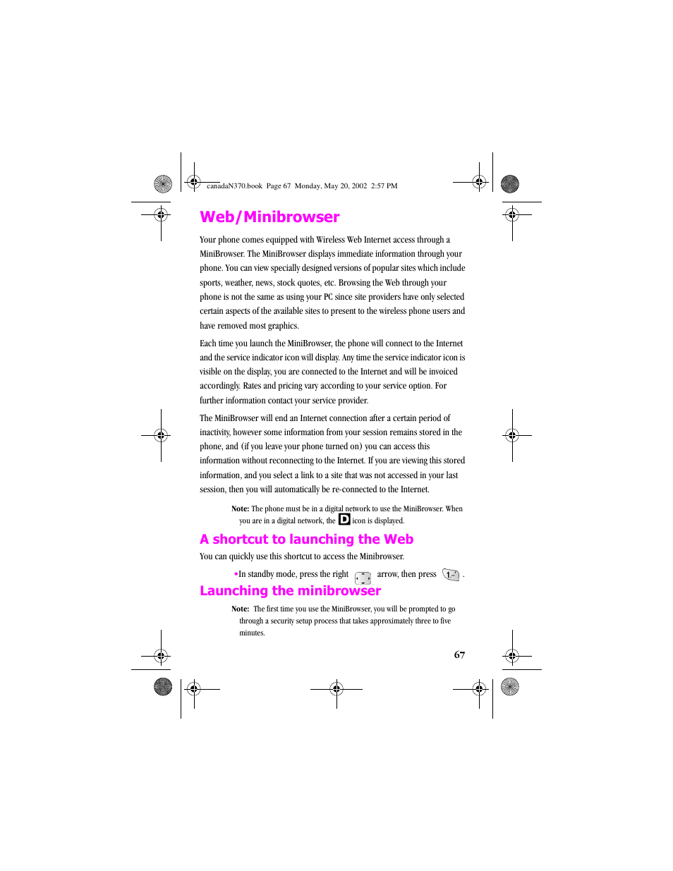 Web/minibrowser, A shortcut to launching the web, Launching the minibrowser | Samsung 20040414141622906 User Manual | Page 67 / 152