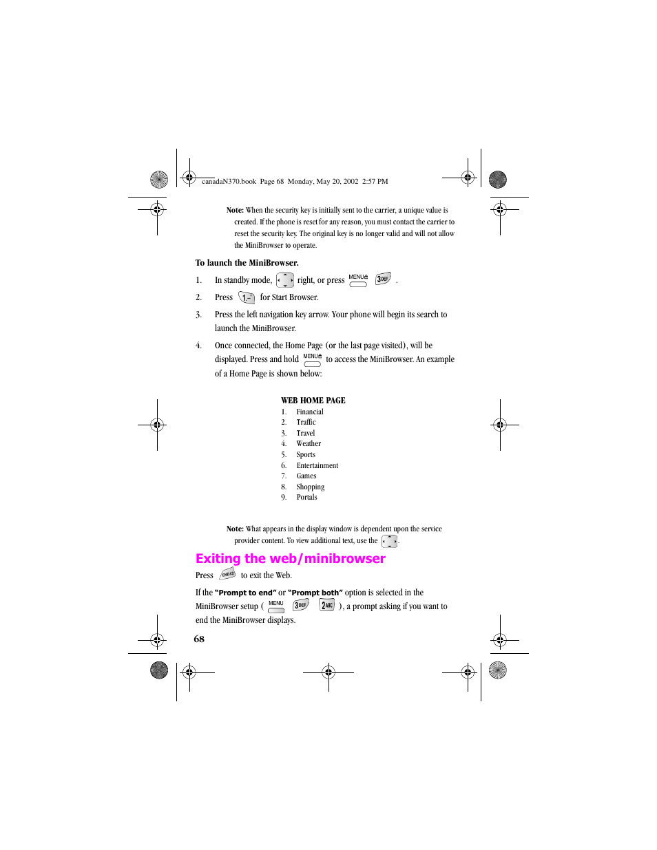 Exiting the web/minibrowser | Samsung 20040414141622906 User Manual | Page 68 / 152