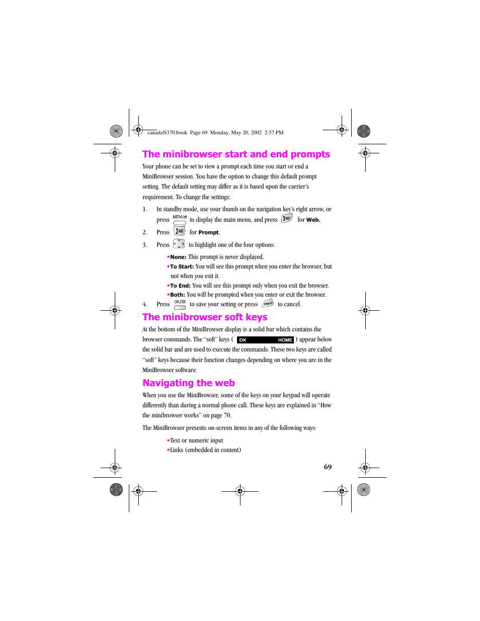 The minibrowser start and end prompts, The minibrowser soft keys, Navigating the web | Samsung 20040414141622906 User Manual | Page 69 / 152