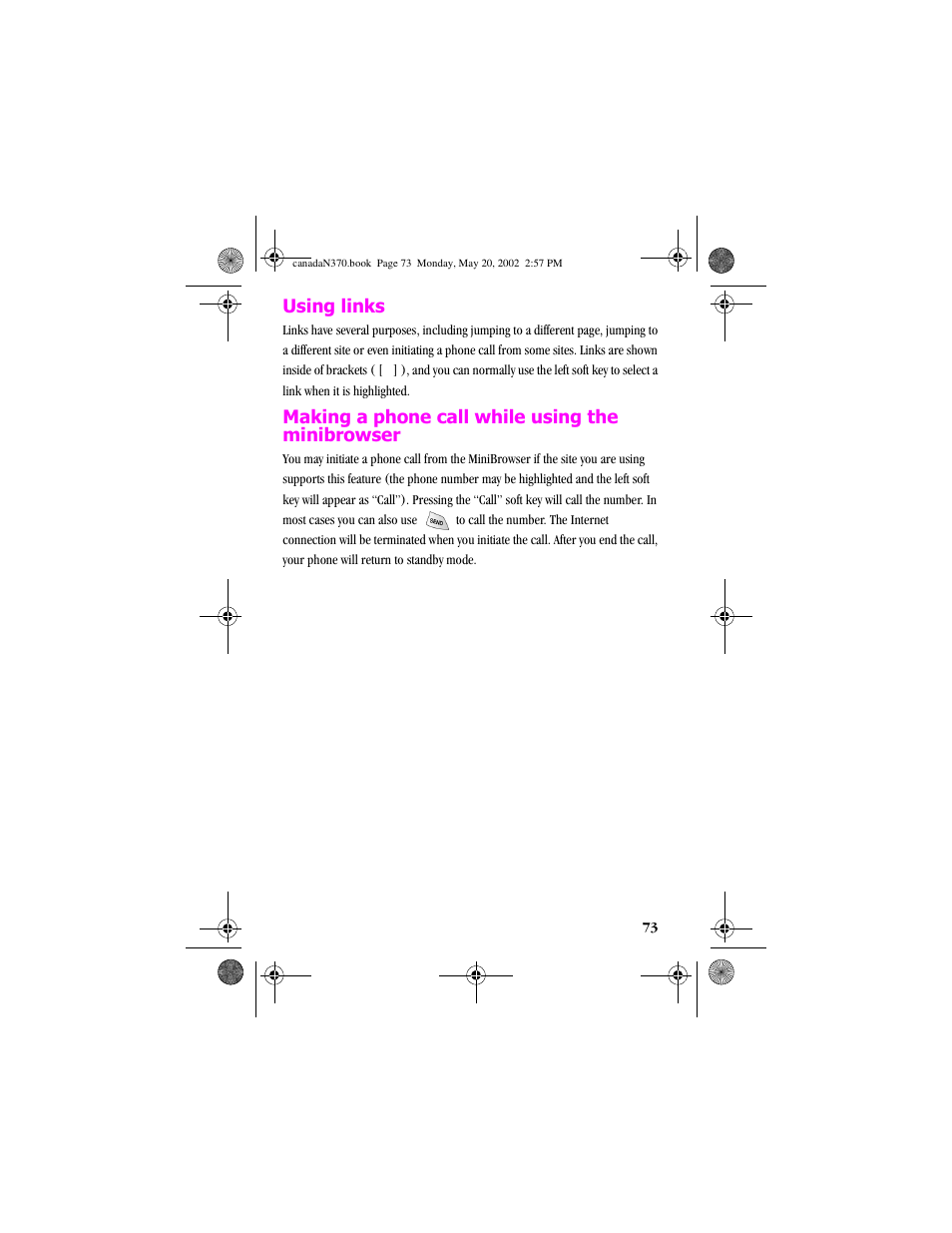Using links, Making a phone call while using the minibrowser | Samsung 20040414141622906 User Manual | Page 73 / 152