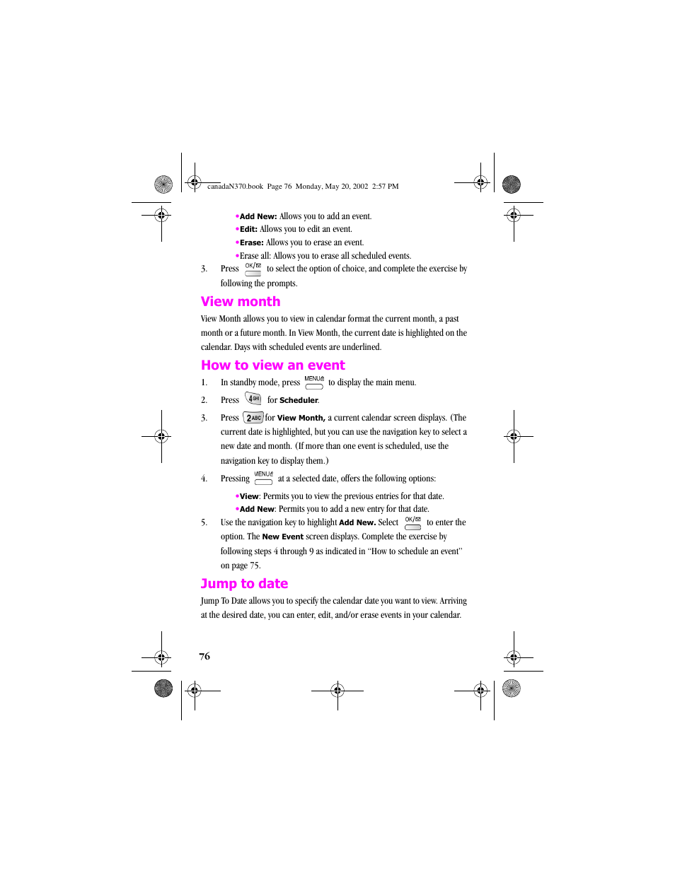 View month, How to view an event, Jump to date | View month how to view an event jump to date | Samsung 20040414141622906 User Manual | Page 76 / 152