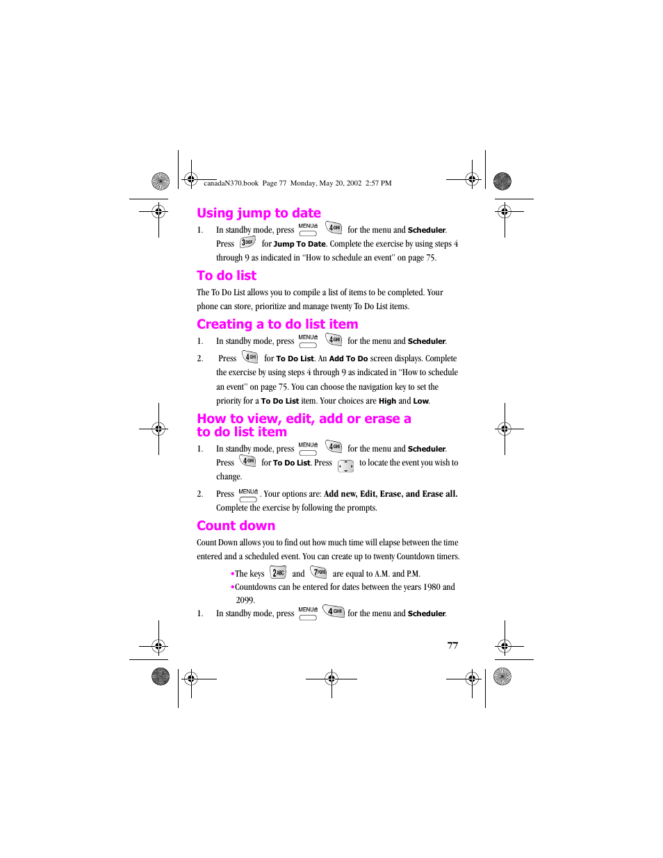 Using jump to date, To do list, Creating a to do list item | How to view, edit, add or erase a to do list item, Count down | Samsung 20040414141622906 User Manual | Page 77 / 152