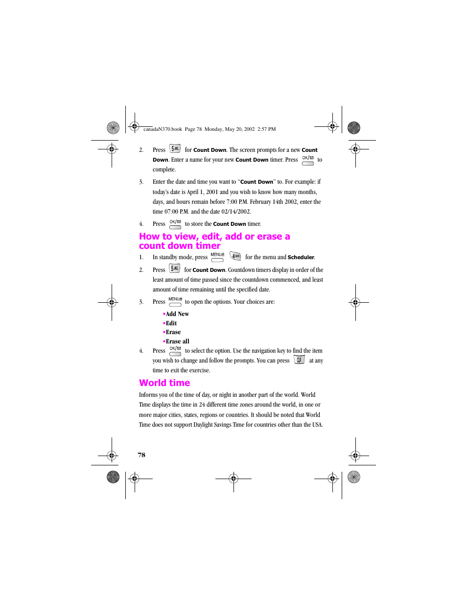 How to view, edit, add or erase a count down timer, World time | Samsung 20040414141622906 User Manual | Page 78 / 152