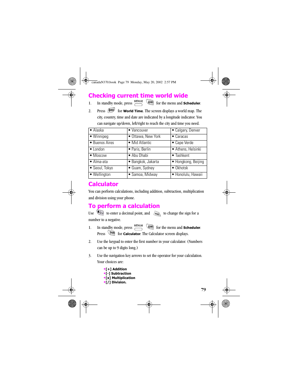 Checking current time world wide, Calculator, To perform a calculation | Samsung 20040414141622906 User Manual | Page 79 / 152