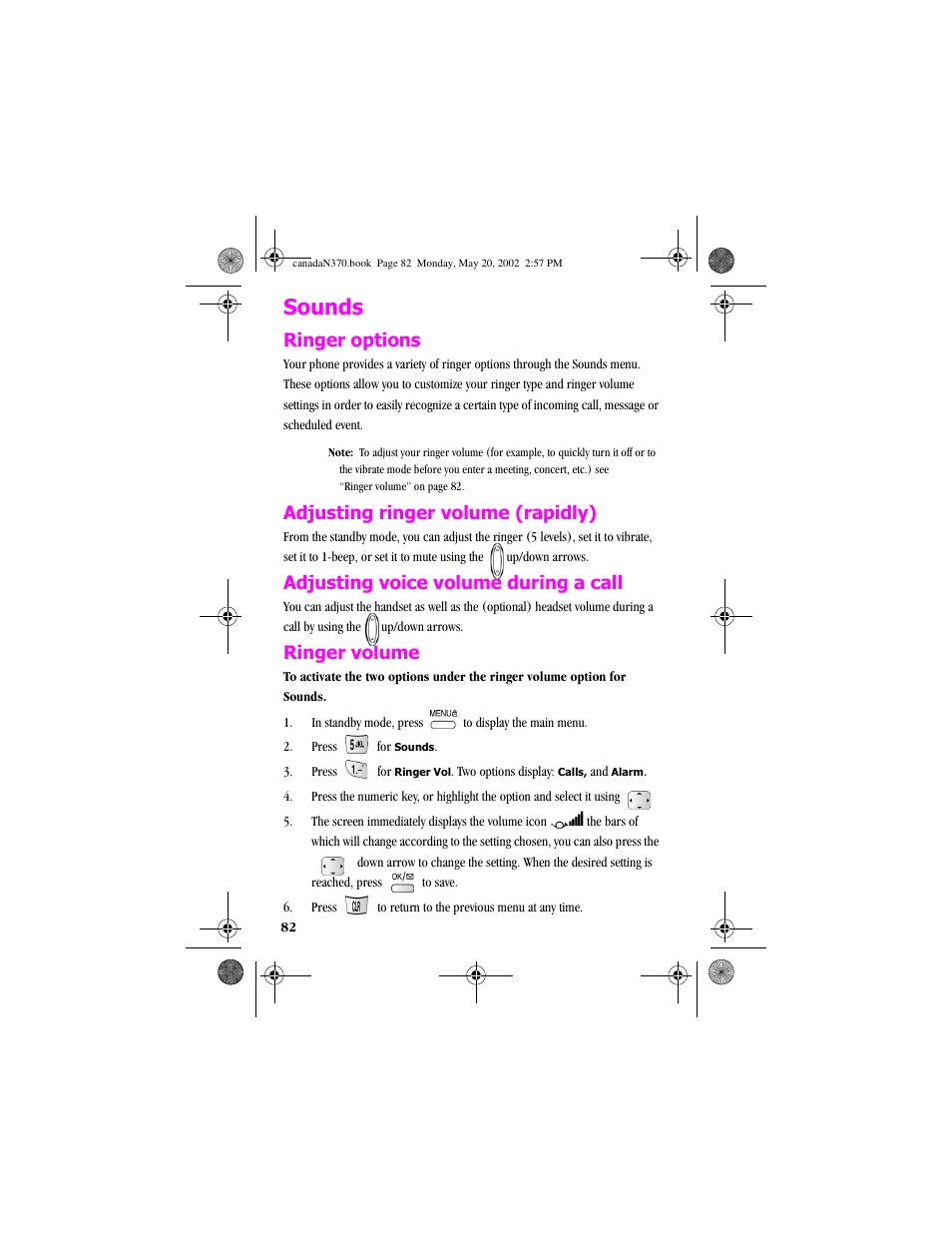 Sounds, Ringeroptions, Adjusting ringer volume (rapidly) | Adjusting voice volume during a call, Ringervolume, Ringer options, Ringer volume | Samsung 20040414141622906 User Manual | Page 82 / 152