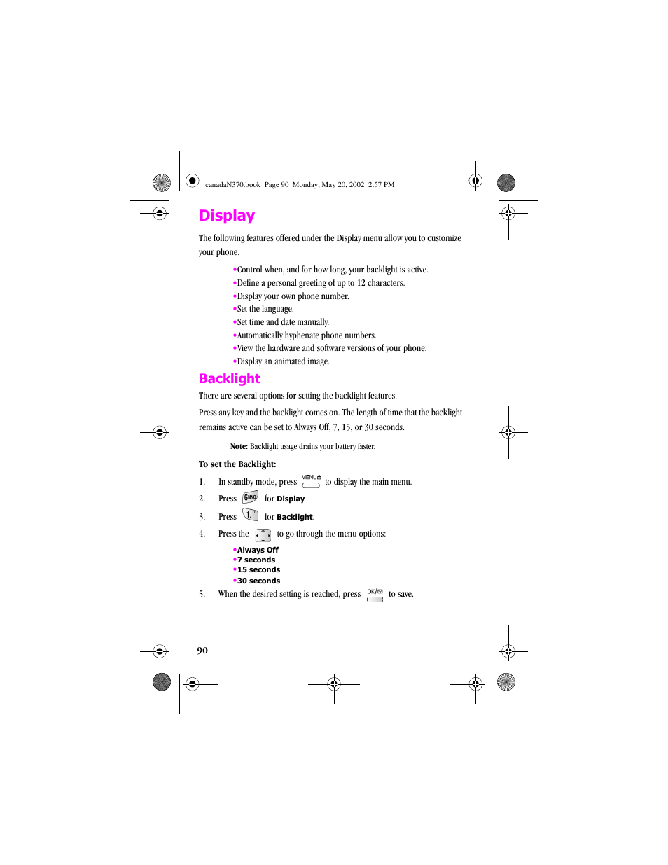 Display, Backlight | Samsung 20040414141622906 User Manual | Page 90 / 152