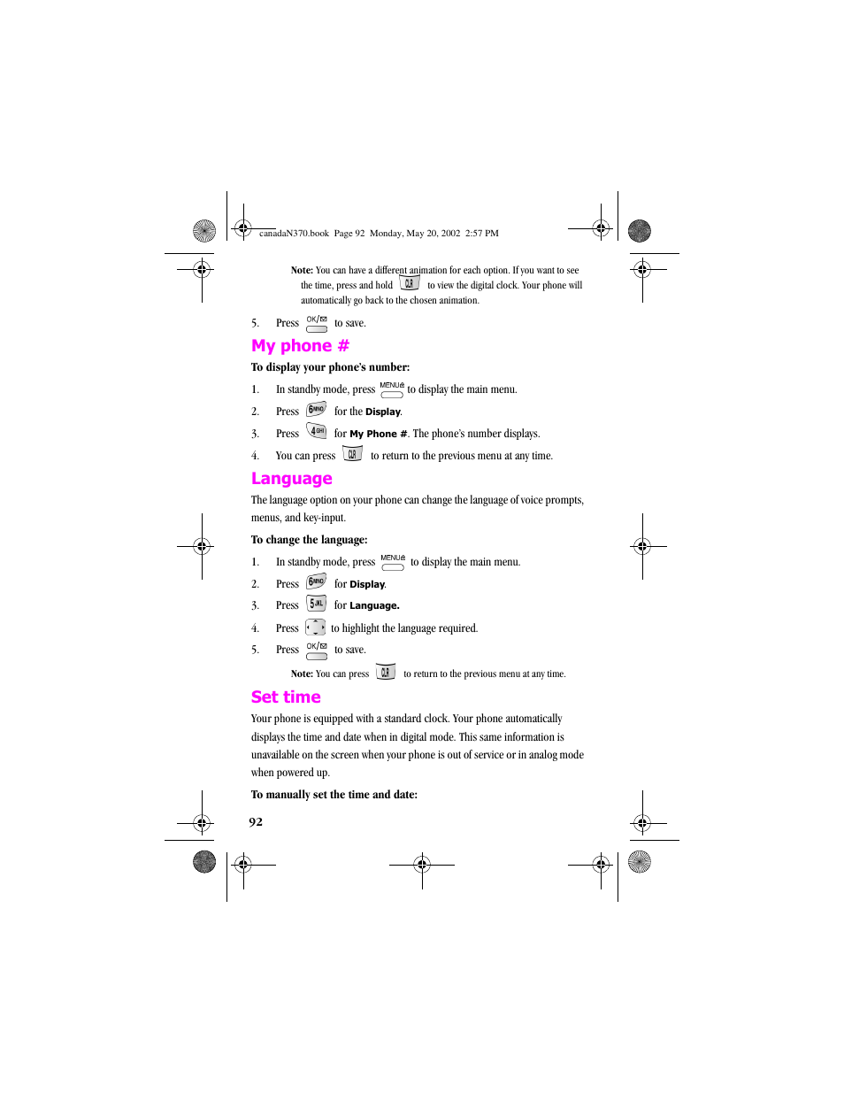 My phone, Language, Set time | My phone # language set time | Samsung 20040414141622906 User Manual | Page 92 / 152