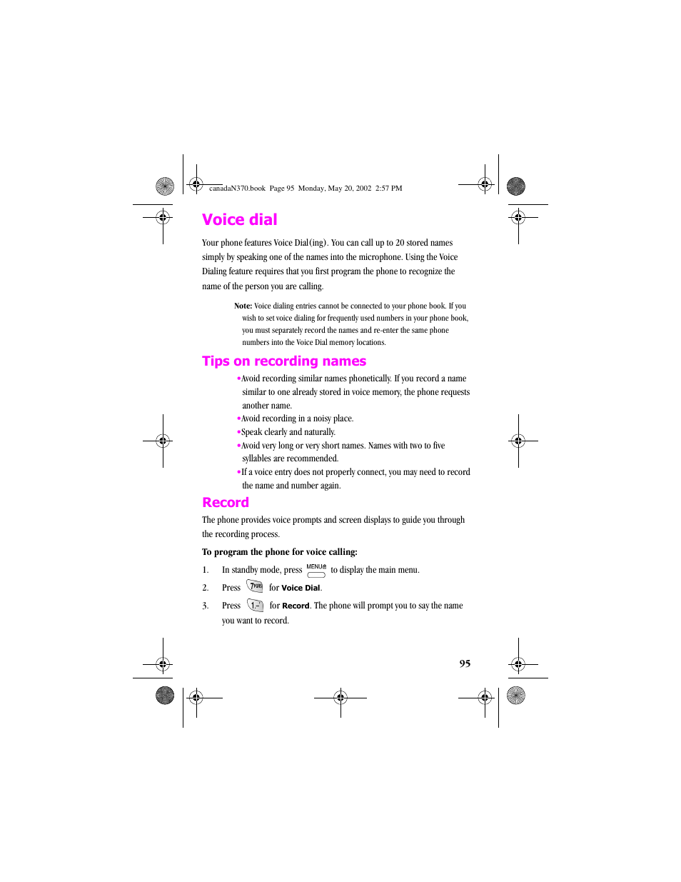 Voice dial, Tips on recording names, Record | Tips on recording names record | Samsung 20040414141622906 User Manual | Page 95 / 152