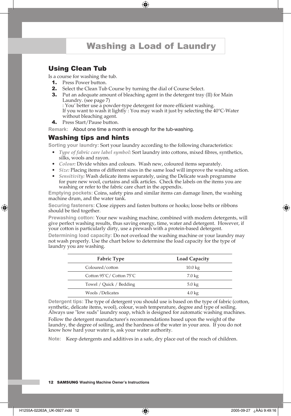 Using clean tub, Washing tips and hints, Washing a load of laundry | Samsung H1255A User Manual | Page 14 / 24